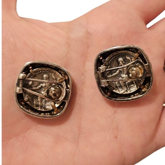 Judith Ripka Sterling Silver Greek Coin Diamonique Textured Rope Omega Earrings - Picture 4 of 5